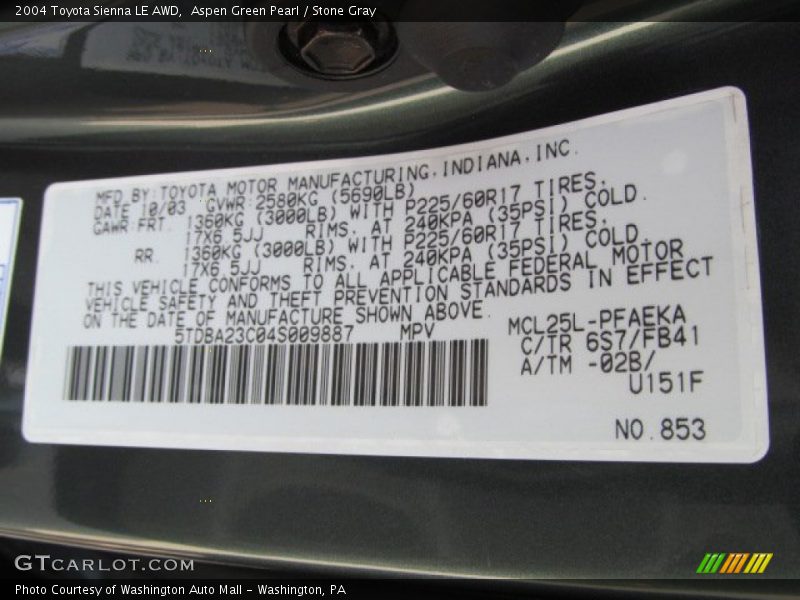 Aspen Green Pearl / Stone Gray 2004 Toyota Sienna LE AWD