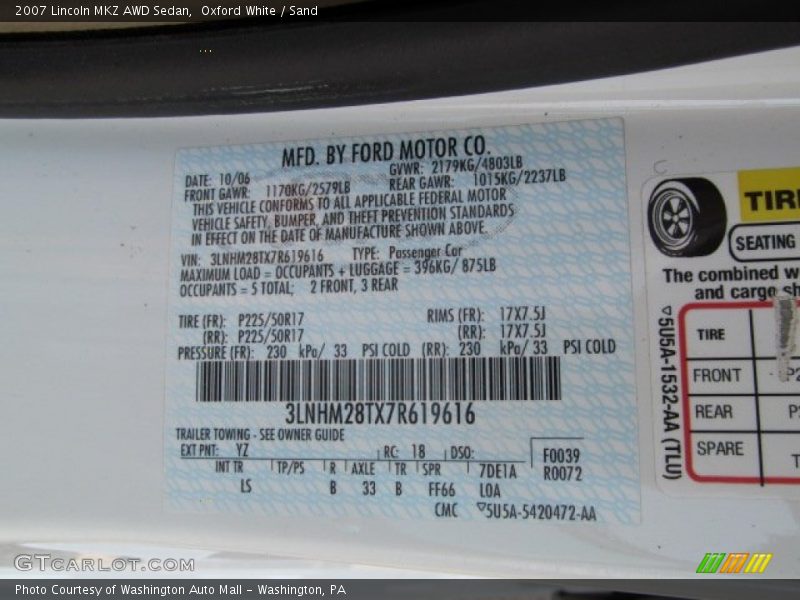 Oxford White / Sand 2007 Lincoln MKZ AWD Sedan