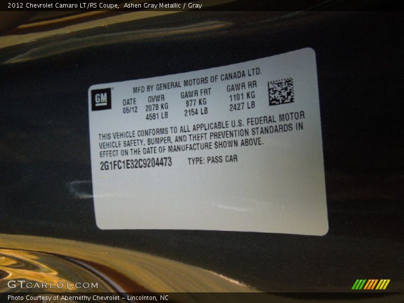 Ashen Gray Metallic / Gray 2012 Chevrolet Camaro LT/RS Coupe