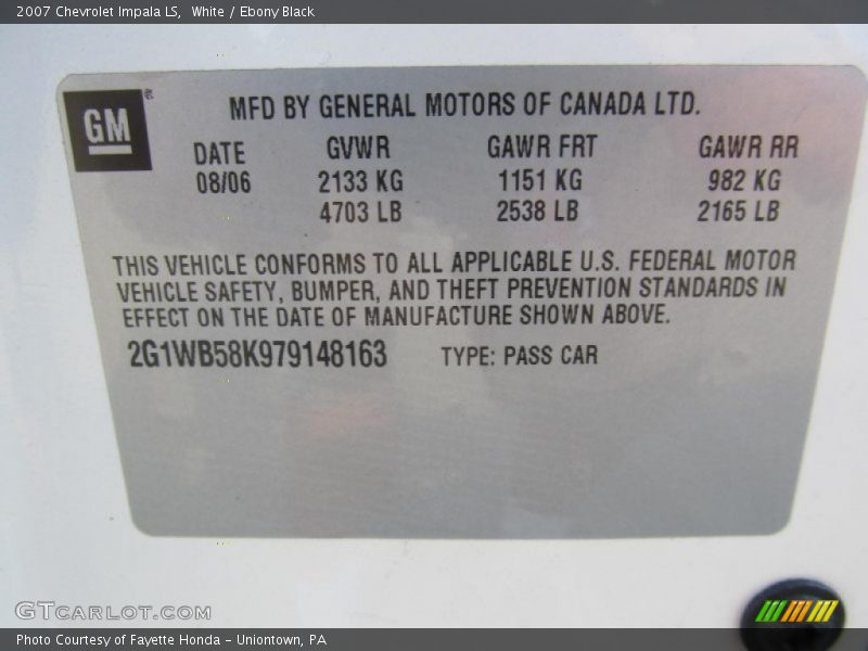 White / Ebony Black 2007 Chevrolet Impala LS