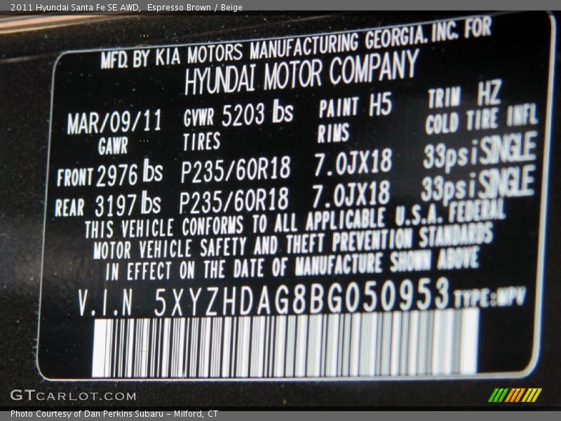 Espresso Brown / Beige 2011 Hyundai Santa Fe SE AWD