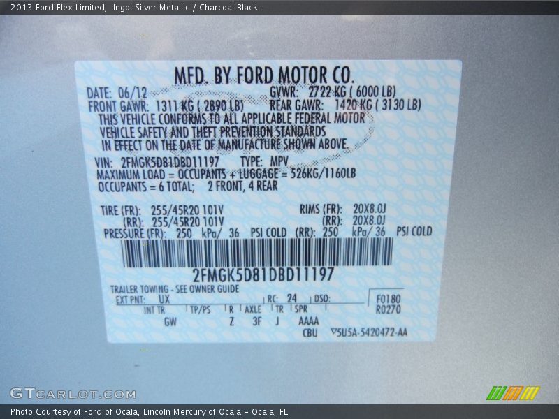 2013 Flex Limited Ingot Silver Metallic Color Code UX