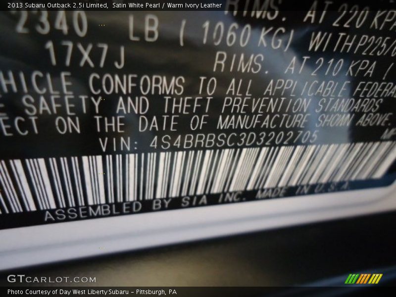 Satin White Pearl / Warm Ivory Leather 2013 Subaru Outback 2.5i Limited