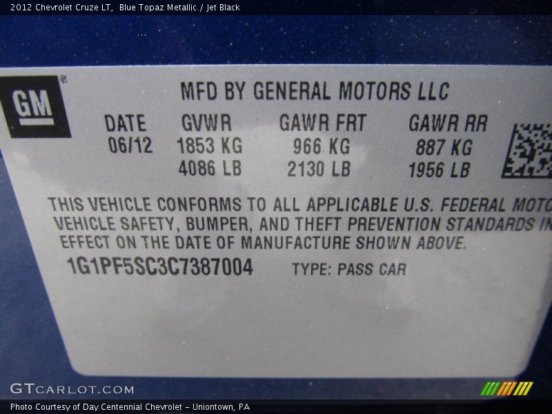 Blue Topaz Metallic / Jet Black 2012 Chevrolet Cruze LT