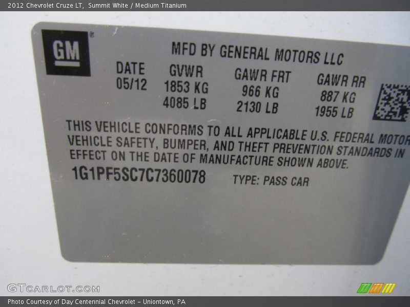 Summit White / Medium Titanium 2012 Chevrolet Cruze LT