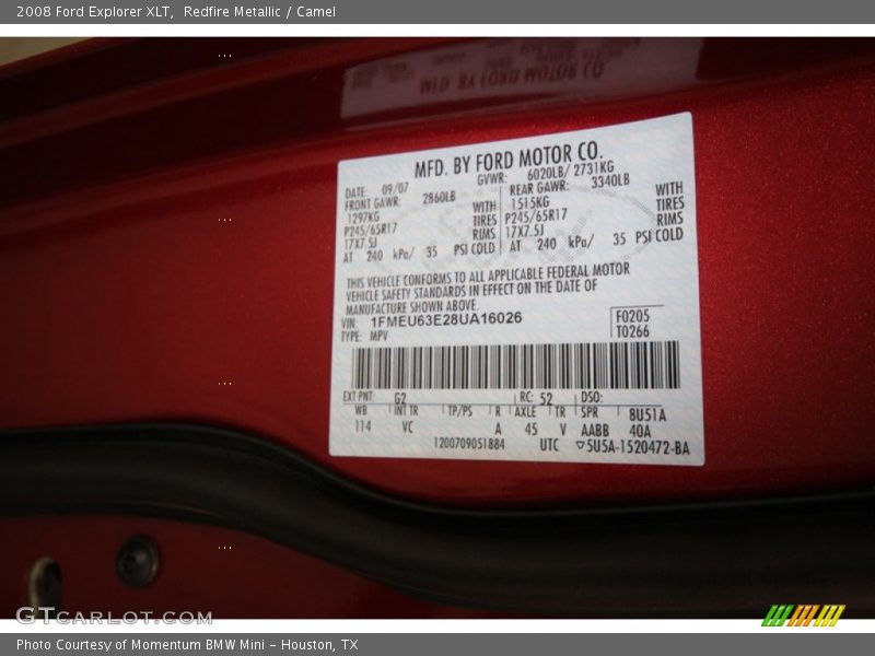 2008 Explorer XLT Redfire Metallic Color Code G2