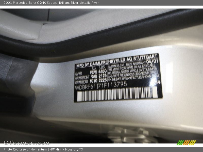 Brilliant Silver Metallic / Ash 2001 Mercedes-Benz C 240 Sedan