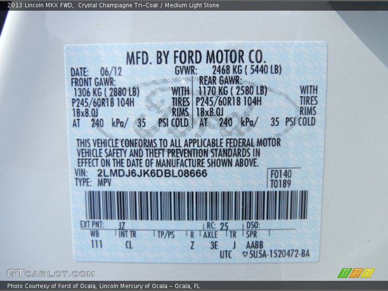 2013 MKX FWD Crystal Champagne Tri-Coat Color Code JZ