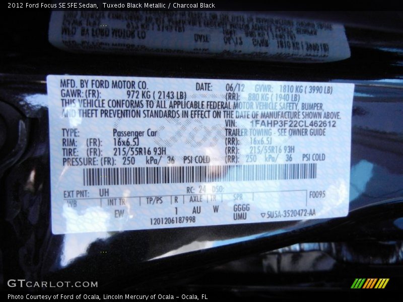 2012 Focus SE SFE Sedan Tuxedo Black Metallic Color Code UH