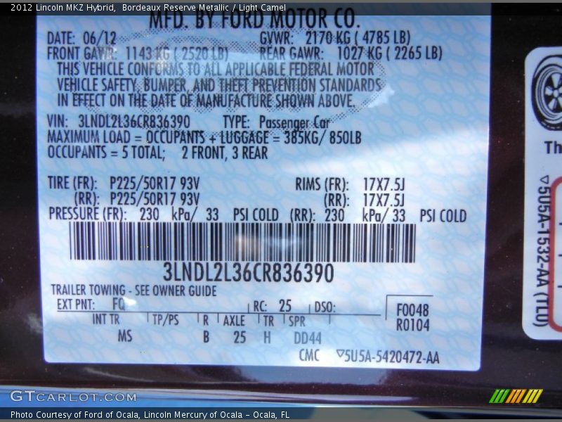 Bordeaux Reserve Metallic / Light Camel 2012 Lincoln MKZ Hybrid