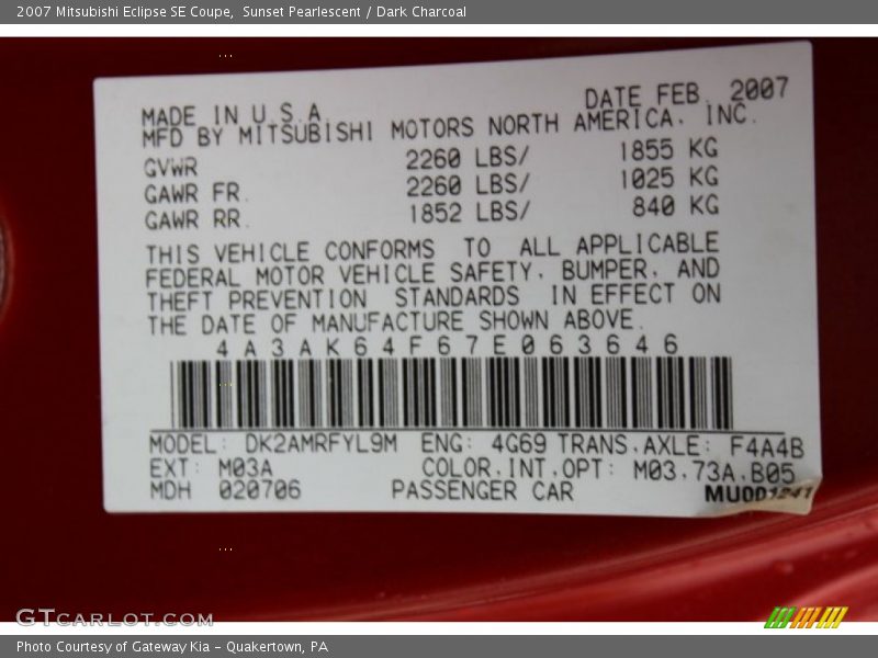 Sunset Pearlescent / Dark Charcoal 2007 Mitsubishi Eclipse SE Coupe
