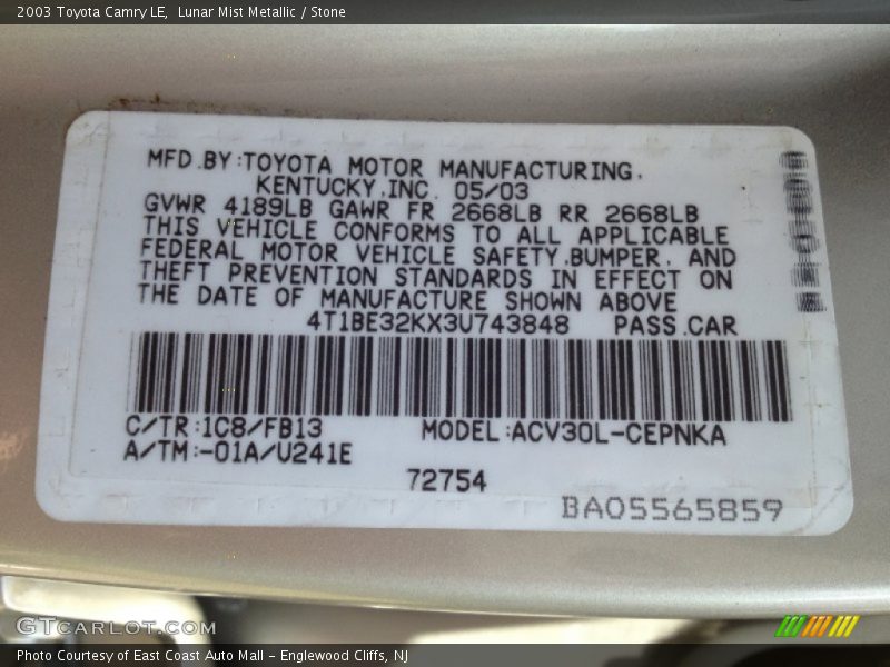 Lunar Mist Metallic / Stone 2003 Toyota Camry LE
