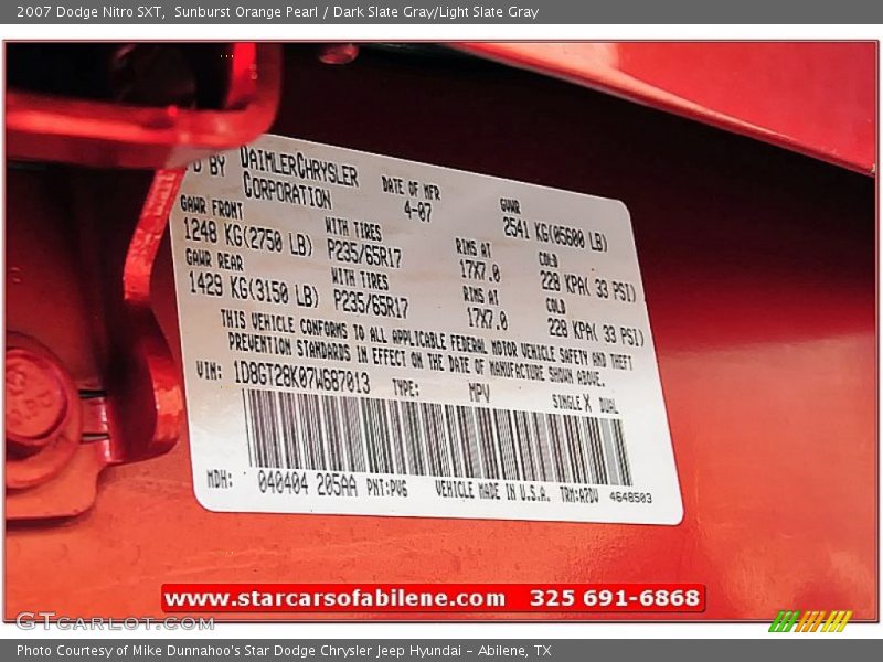 Sunburst Orange Pearl / Dark Slate Gray/Light Slate Gray 2007 Dodge Nitro SXT