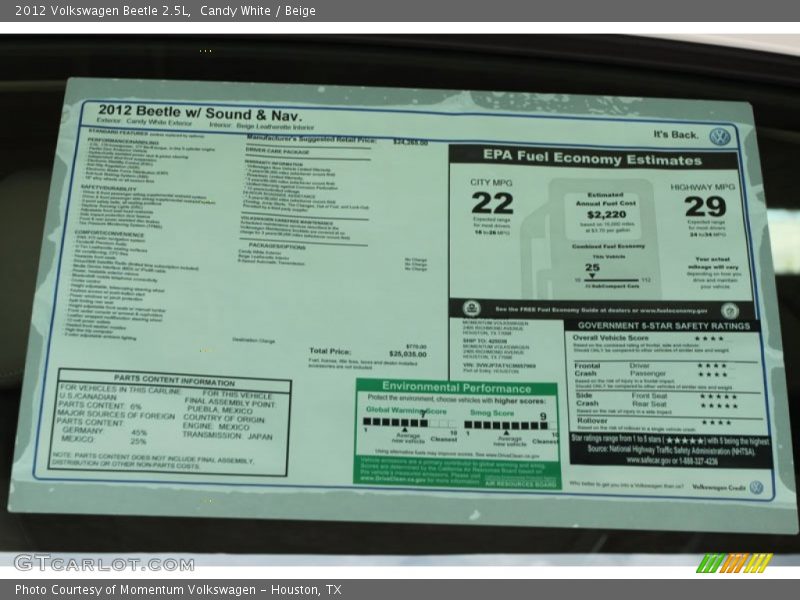 Candy White / Beige 2012 Volkswagen Beetle 2.5L