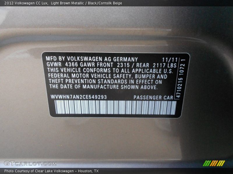 Light Brown Metallic / Black/Cornsilk Beige 2012 Volkswagen CC Lux