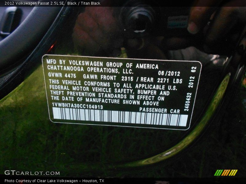 Black / Titan Black 2012 Volkswagen Passat 2.5L SE