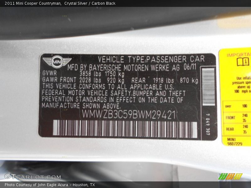 Crystal Silver / Carbon Black 2011 Mini Cooper Countryman