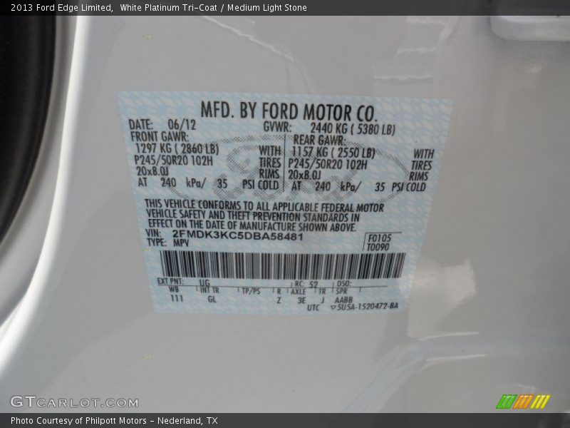 2013 Edge Limited White Platinum Tri-Coat Color Code UG