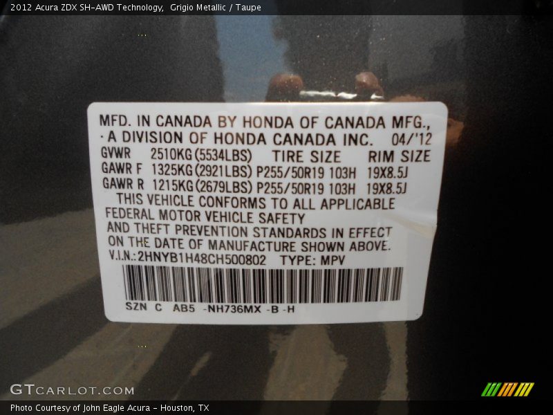 2012 ZDX SH-AWD Technology Grigio Metallic Color Code NH736MX