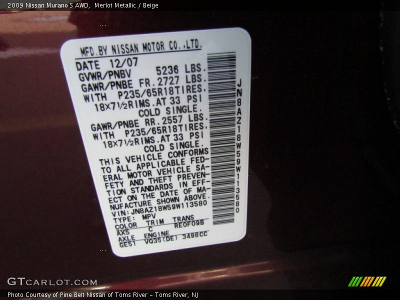 Merlot Metallic / Beige 2009 Nissan Murano S AWD