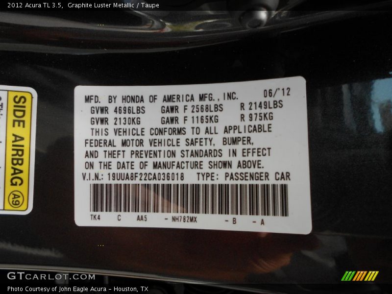 Graphite Luster Metallic / Taupe 2012 Acura TL 3.5