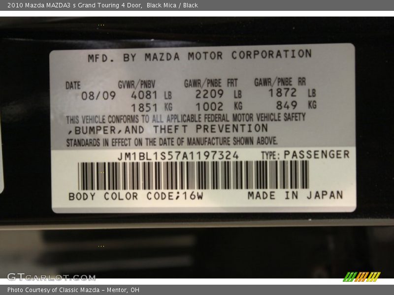 2010 MAZDA3 s Grand Touring 4 Door Black Mica Color Code 16W