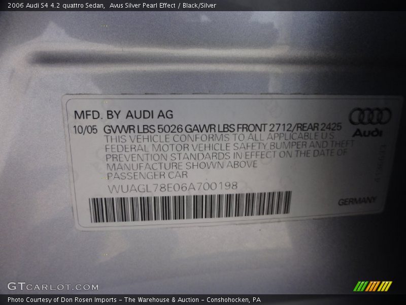 Info Tag of 2006 S4 4.2 quattro Sedan