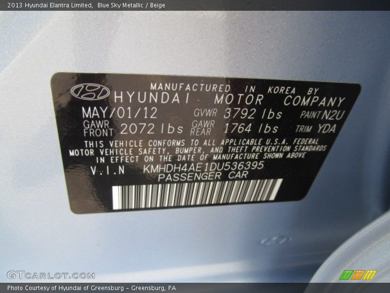 Blue Sky Metallic / Beige 2013 Hyundai Elantra Limited
