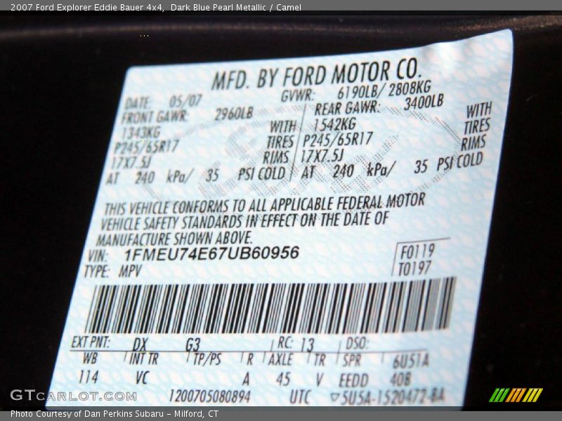 2007 Explorer Eddie Bauer 4x4 Dark Blue Pearl Metallic Color Code DX