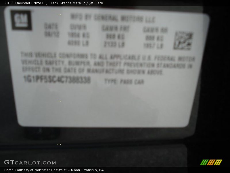 Black Granite Metallic / Jet Black 2012 Chevrolet Cruze LT