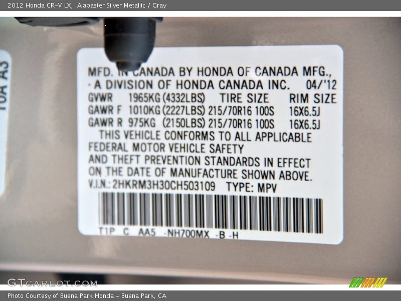 2012 CR-V LX Alabaster Silver Metallic Color Code NH700MX