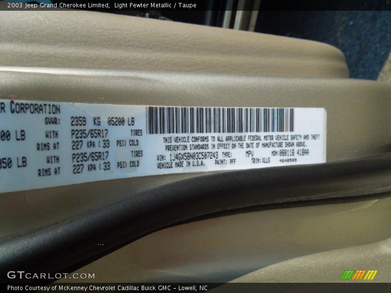 2003 Grand Cherokee Limited Light Pewter Metallic Color Code PFF