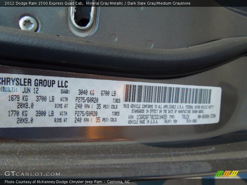 Mineral Gray Metallic / Dark Slate Gray/Medium Graystone 2012 Dodge Ram 1500 Express Quad Cab