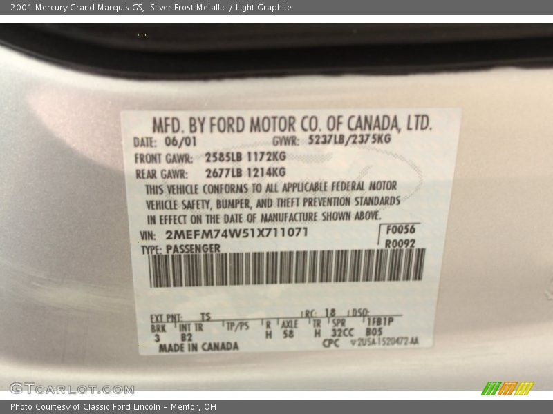 Silver Frost Metallic / Light Graphite 2001 Mercury Grand Marquis GS