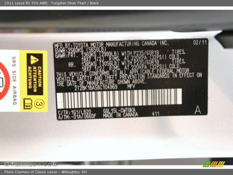 Tungsten Silver Pearl / Black 2011 Lexus RX 350 AWD