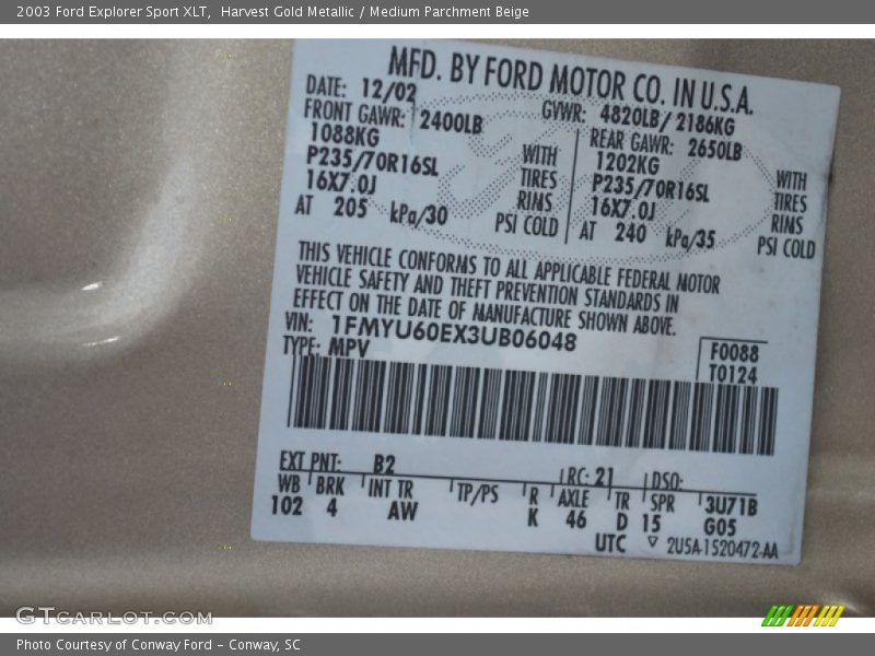 2003 Explorer Sport XLT Harvest Gold Metallic Color Code B2