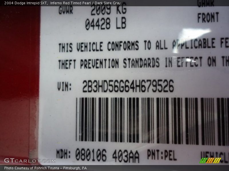 2004 Intrepid SXT Inferno Red Tinted Pearl Color Code PEL