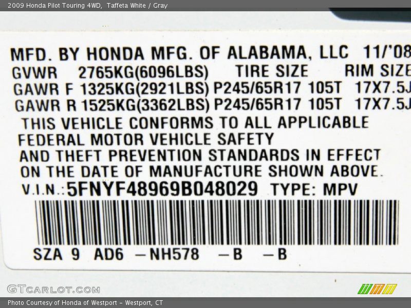 Taffeta White / Gray 2009 Honda Pilot Touring 4WD