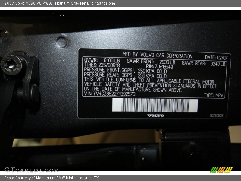 Titanium Gray Metallic / Sandstone 2007 Volvo XC90 V8 AWD
