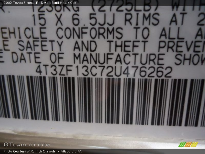 Desert Sand Mica / Oak 2002 Toyota Sienna LE