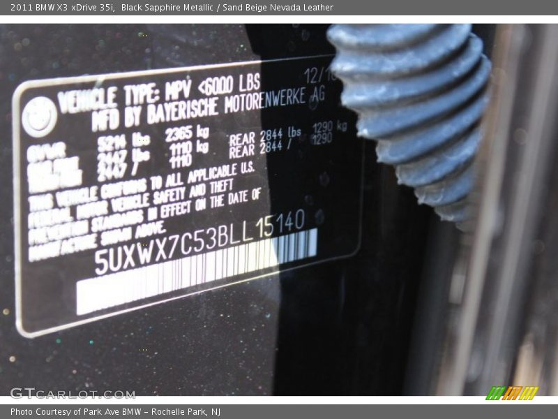 Black Sapphire Metallic / Sand Beige Nevada Leather 2011 BMW X3 xDrive 35i