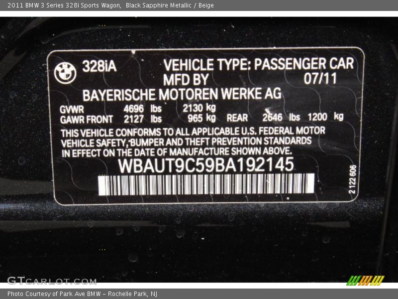 Black Sapphire Metallic / Beige 2011 BMW 3 Series 328i Sports Wagon