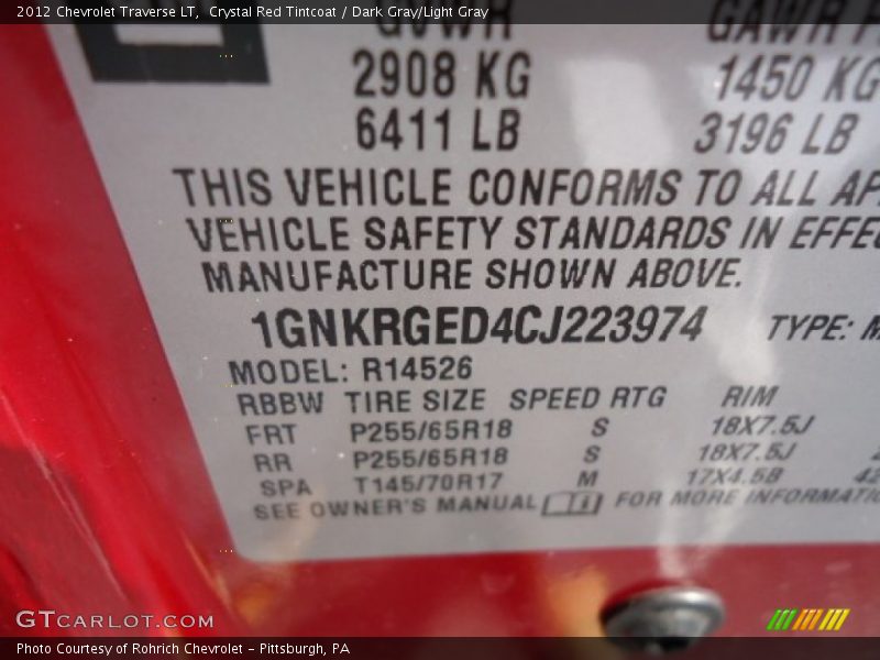 Crystal Red Tintcoat / Dark Gray/Light Gray 2012 Chevrolet Traverse LT