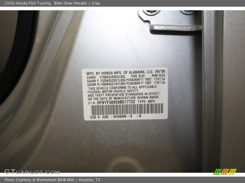 Billet Silver Metallic / Gray 2009 Honda Pilot Touring