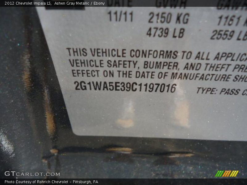 Ashen Gray Metallic / Ebony 2012 Chevrolet Impala LS