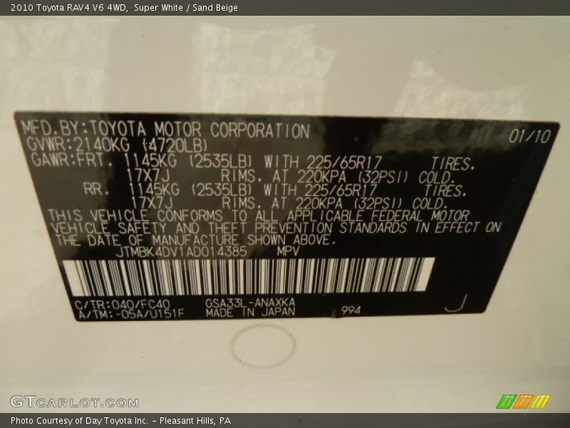 Super White / Sand Beige 2010 Toyota RAV4 V6 4WD
