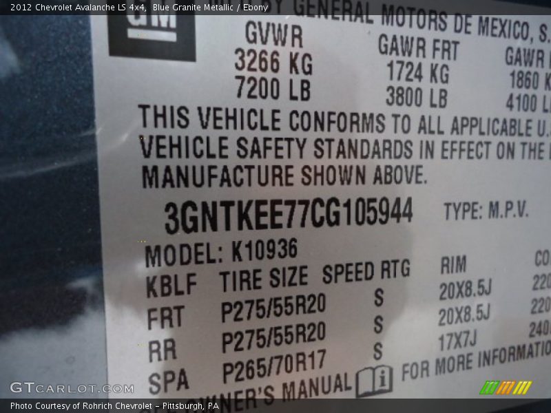 Blue Granite Metallic / Ebony 2012 Chevrolet Avalanche LS 4x4