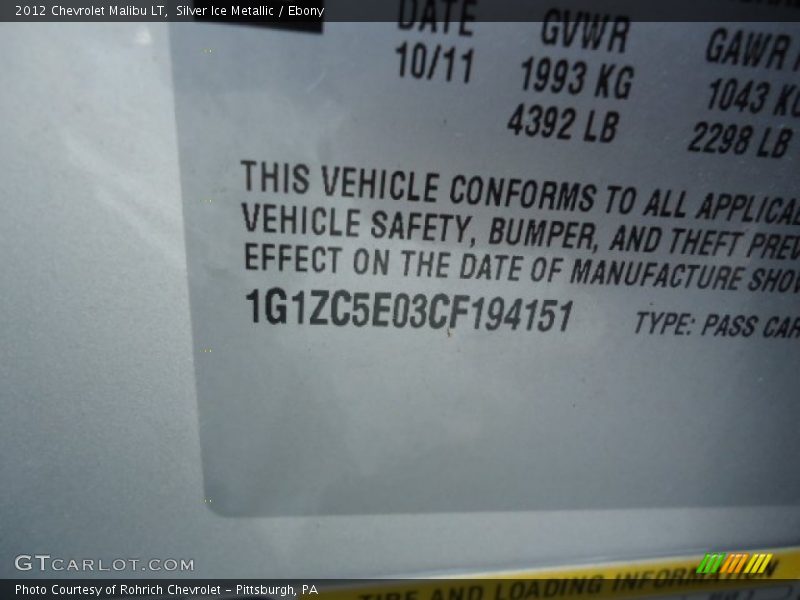 Silver Ice Metallic / Ebony 2012 Chevrolet Malibu LT