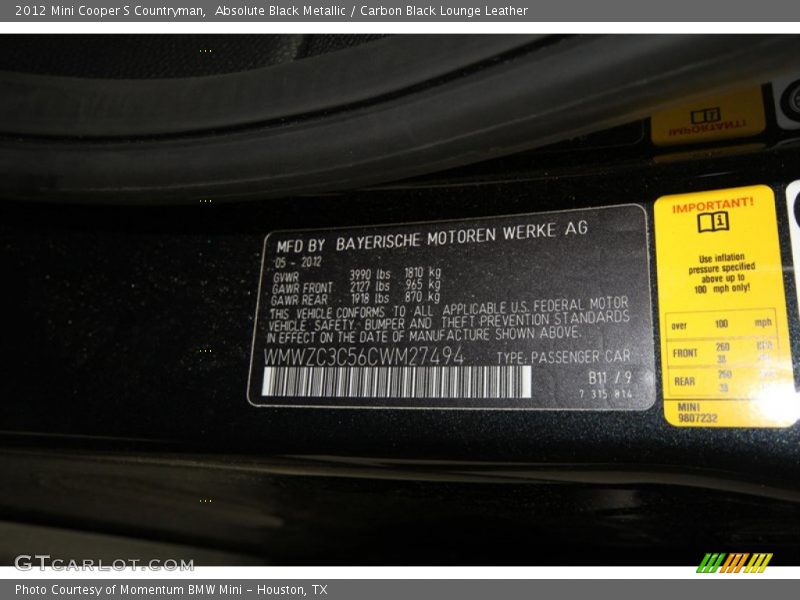 2012 Cooper S Countryman Absolute Black Metallic Color Code B11