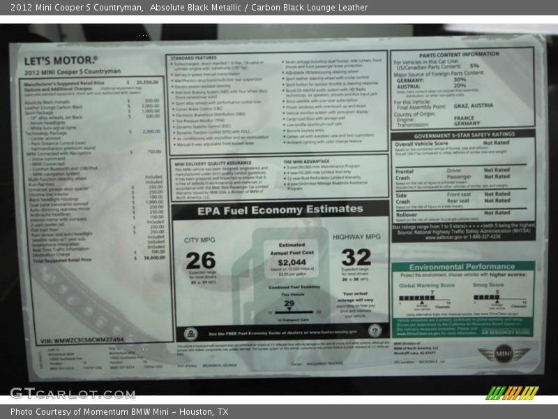  2012 Cooper S Countryman Window Sticker